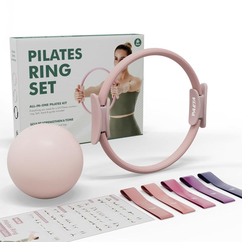 PAETA Pilates Ring Set, 14" Magic Circle with 38 Lbs Resistance, Pilates Ball, Resistance Bands & Workout Guide for Home Fitness Training