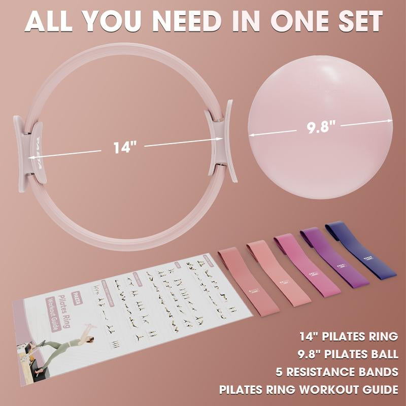 PAETA Pilates Ring Set, 14" Magic Circle with 38 Lbs Resistance, Pilates Ball, Resistance Bands & Workout Guide for Home Fitness Training