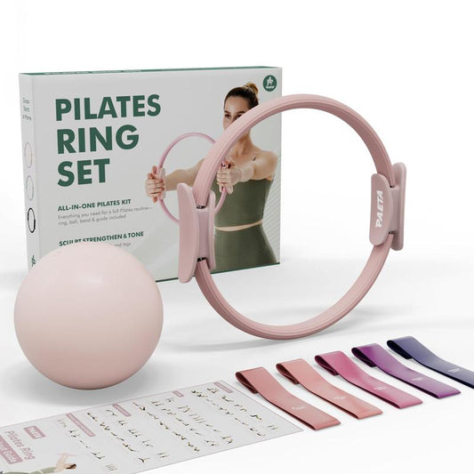 PAETA Pilates Ring Set, 14" Magic Circle with 38 Lbs Resistance, Pilates Ball, Resistance Bands & Workout Guide for Home Fitness Training