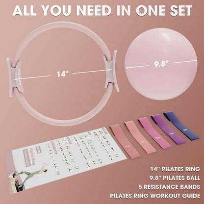 PAETA Pilates Ring Set, 14" Magic Circle with 38 Lbs Resistance, Pilates Ball, Resistance Bands & Workout Guide for Home Fitness Training